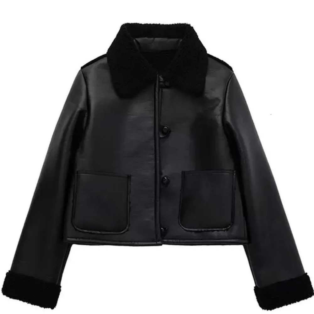 ◼️Commense Black Faux Leather Jacket with Shearling Collar and Cuffs